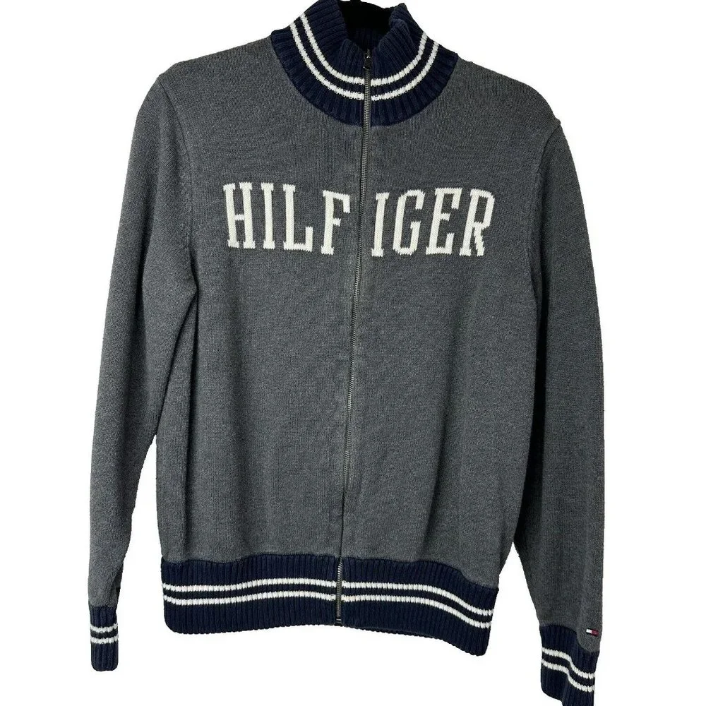 Tommy Hilfiger Men's Vintage Y2K Full Zip Cardigan Sweater Size S Gray Blue